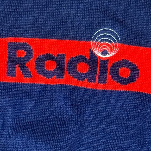 Vintage 3 Strikes Radio Knit Sweater Navy Red XL Retro 80s Graphic Promo RARE - Picture 2 of 5
